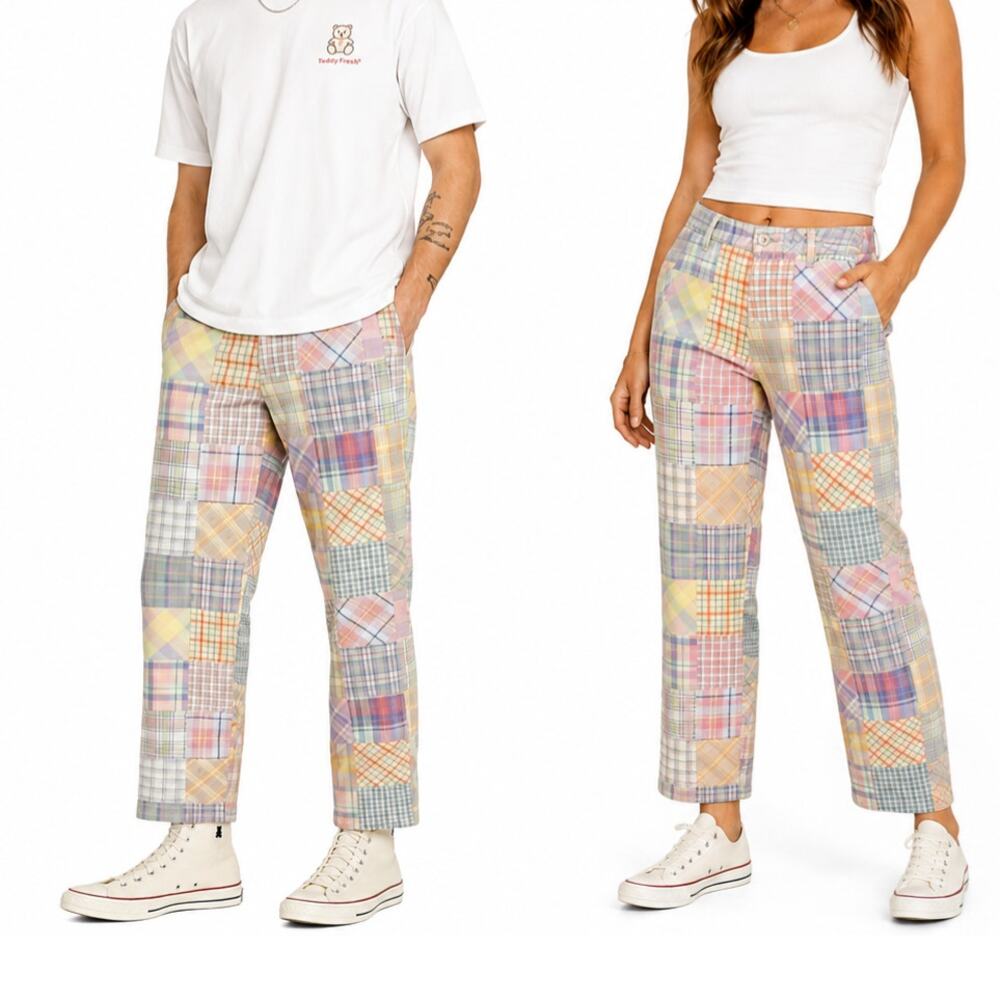 Teddy Fresh Patchwork Plaid Pants Size 28 Y2K Streetwear Festival Skate Unisex